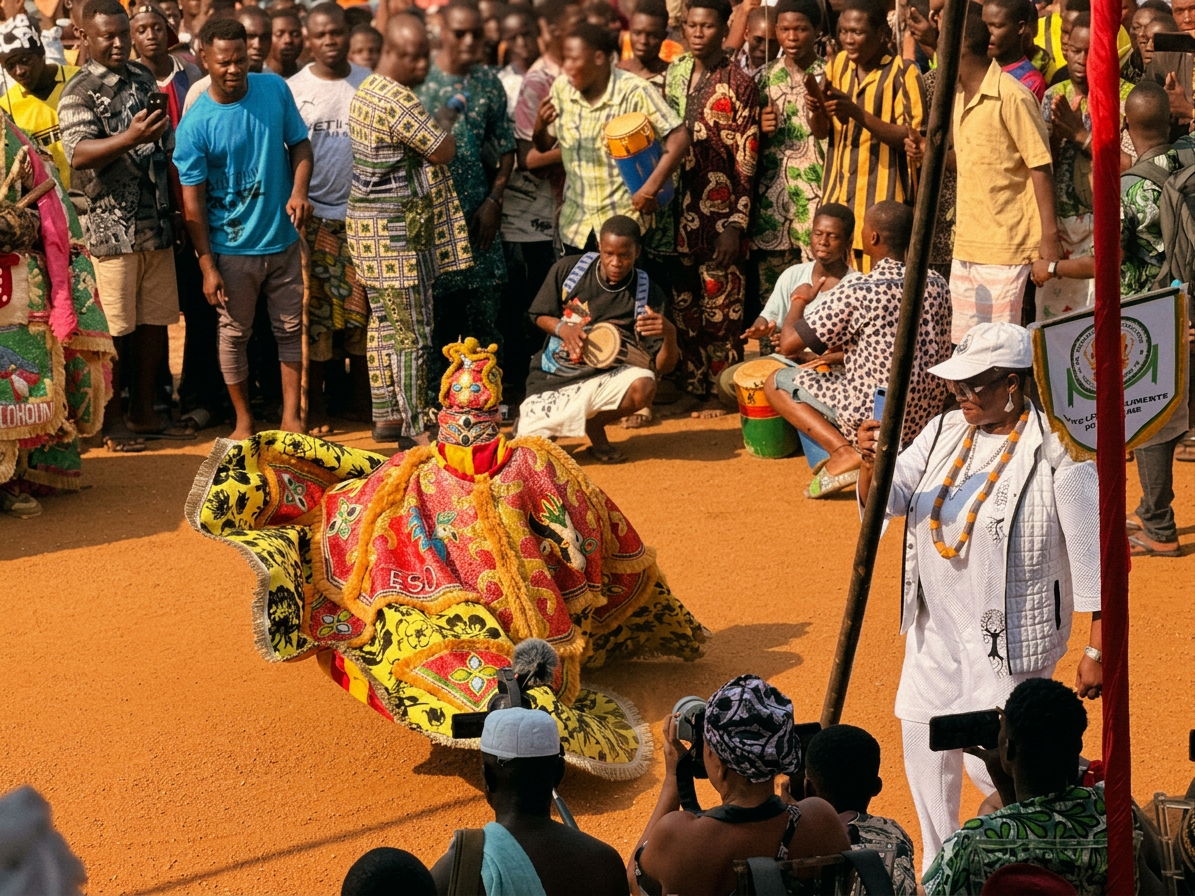 Egungun dancer spinning in red and yellow regalia