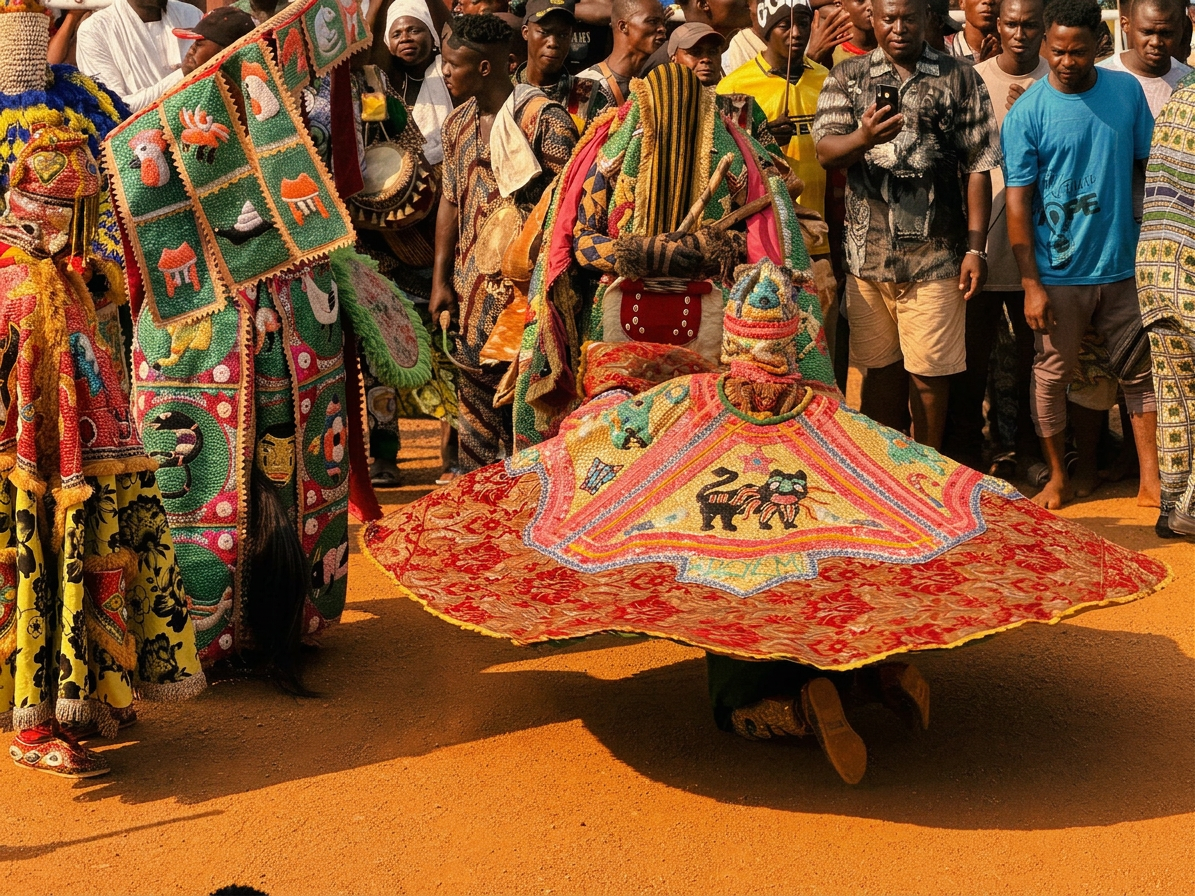 Egungun masquerade in beaded regalia at festival