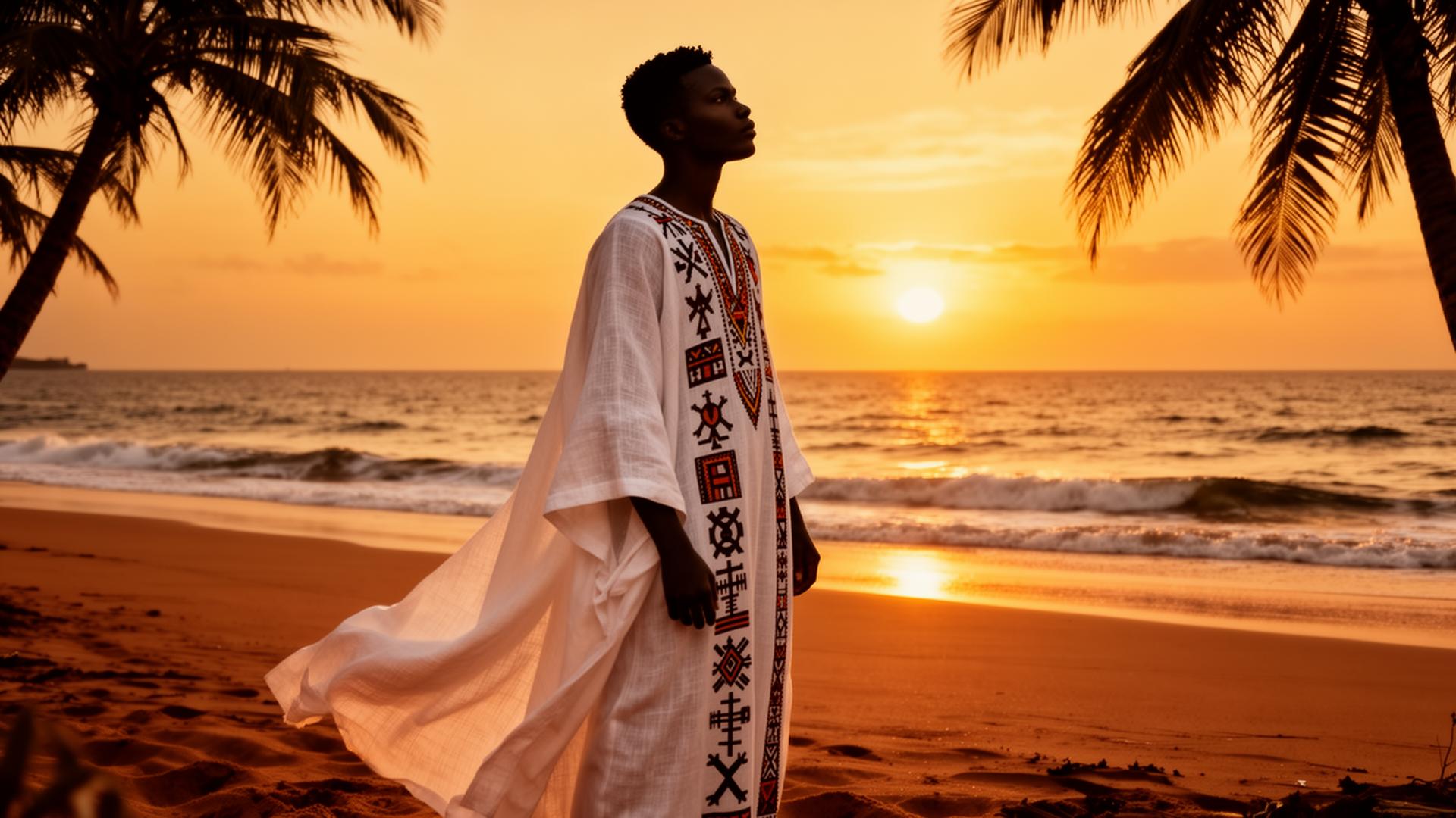 Young African pilgrim at sunset on the West African coast