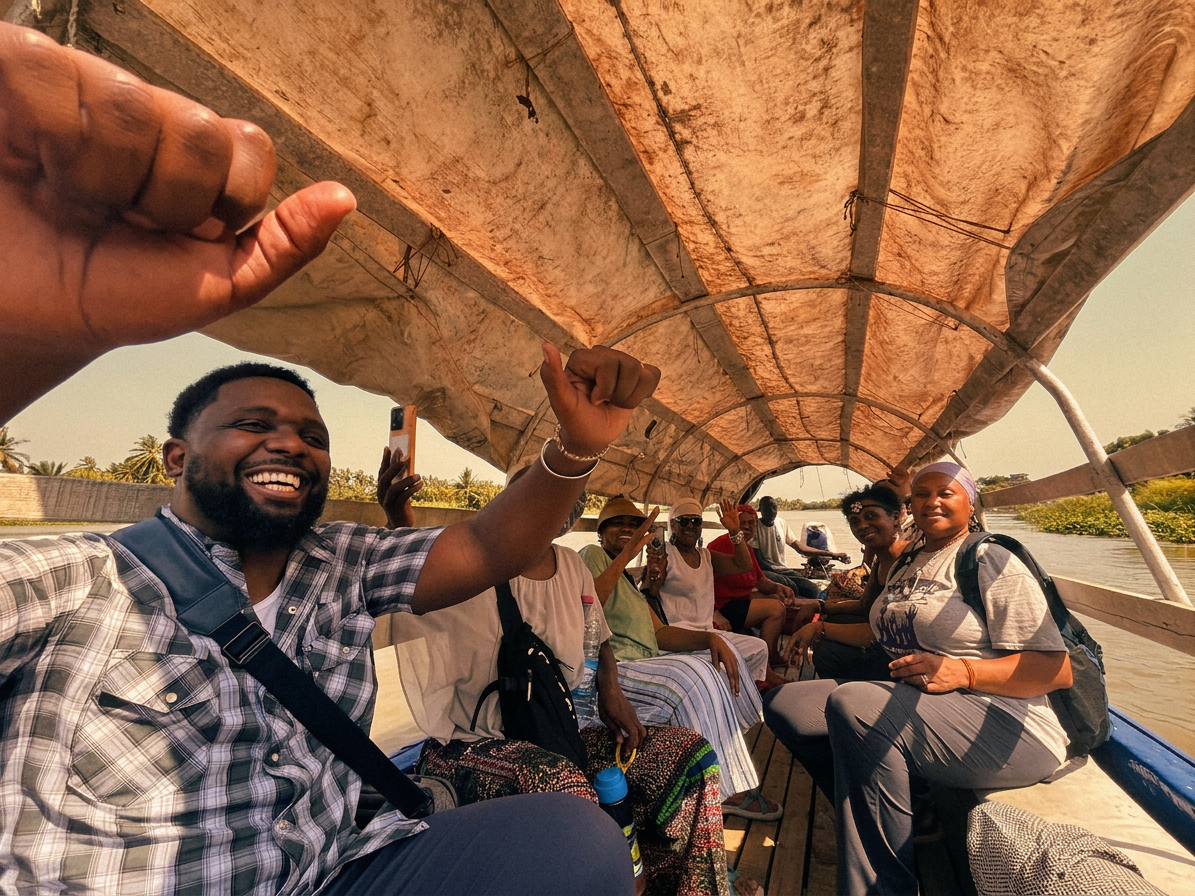 Pilgrims smiling on a river boat in Benin